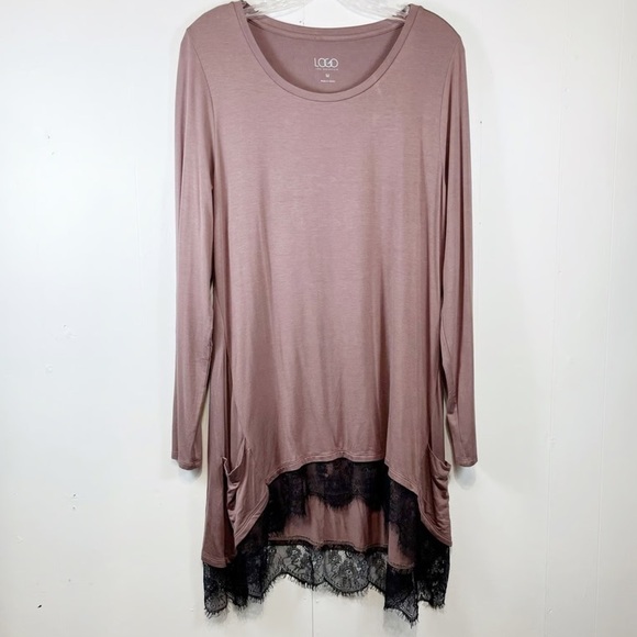 LOGO by Lori Goldstein Tops - LOGO Lori Goldstein Purple Toned Brown Stretch Lace Tunic 3/4 Sleeve Shirt 1X